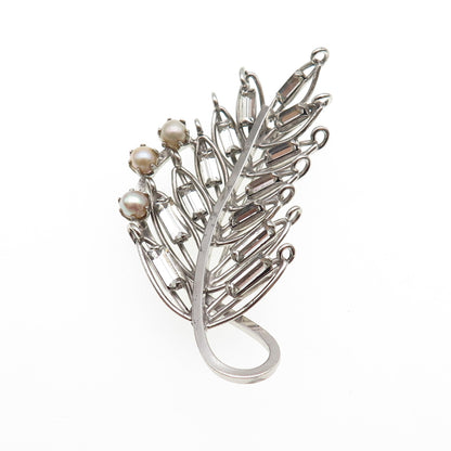 925 Sterling Antique Art Deco Rhinestone Real Pearl Floral Pin Brooch / Pendant