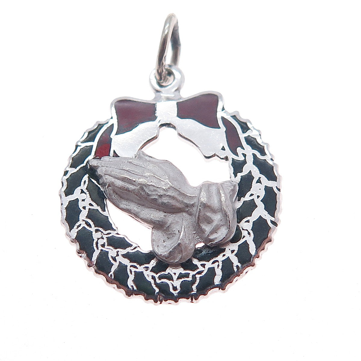 BEAU 925 Sterling Silver Vintage Enamel Christmas Wreath Praying Hands Pendant