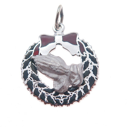 BEAU 925 Sterling Silver Vintage Enamel Christmas Wreath Praying Hands Pendant