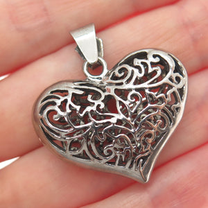 925 Sterling Silver Vintage Modernist Ornate Heart Oxidized Pendant