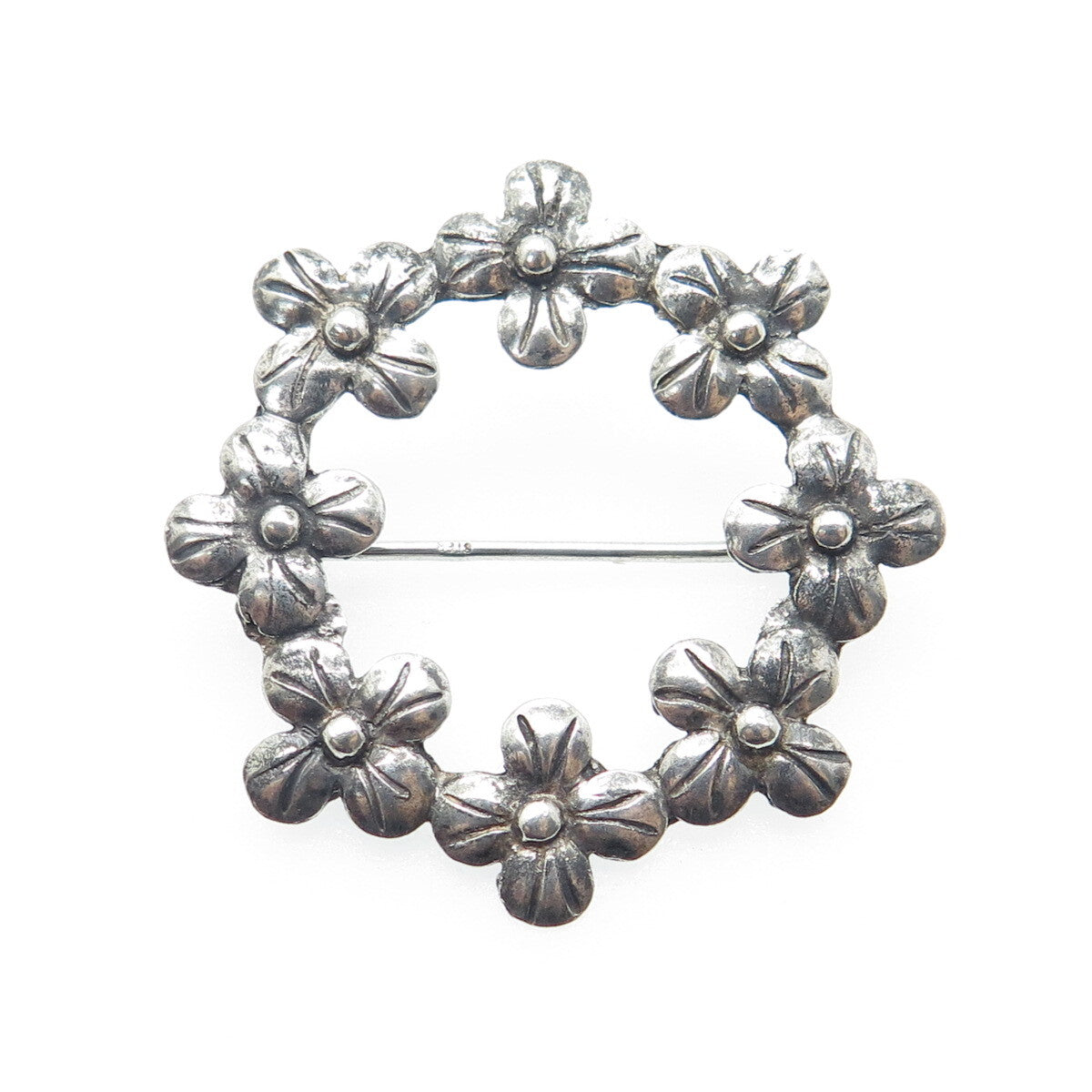 925 Sterling Silver Vintage Floral Blossom Circle Oxidized Pin Brooch