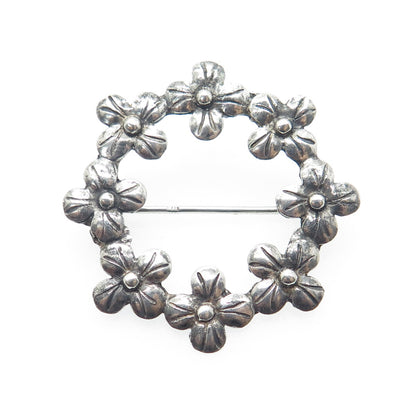 925 Sterling Silver Vintage Floral Blossom Circle Oxidized Pin Brooch