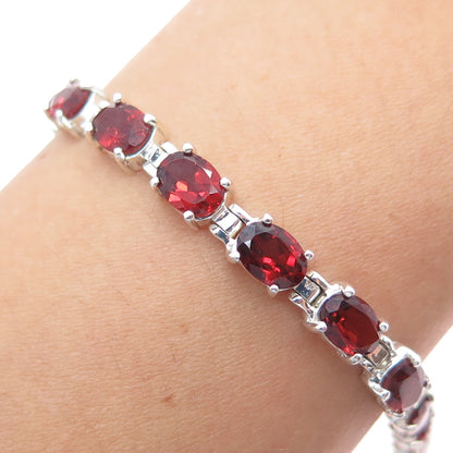 925 Sterling Silver Vintage Real Oval-Cut Red Garnet Tennis Link Bracelet 8"