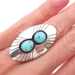Old Pawn 925 Sterling Silver Vintage Turquoise Shadow Box Tribal Ring Size 5