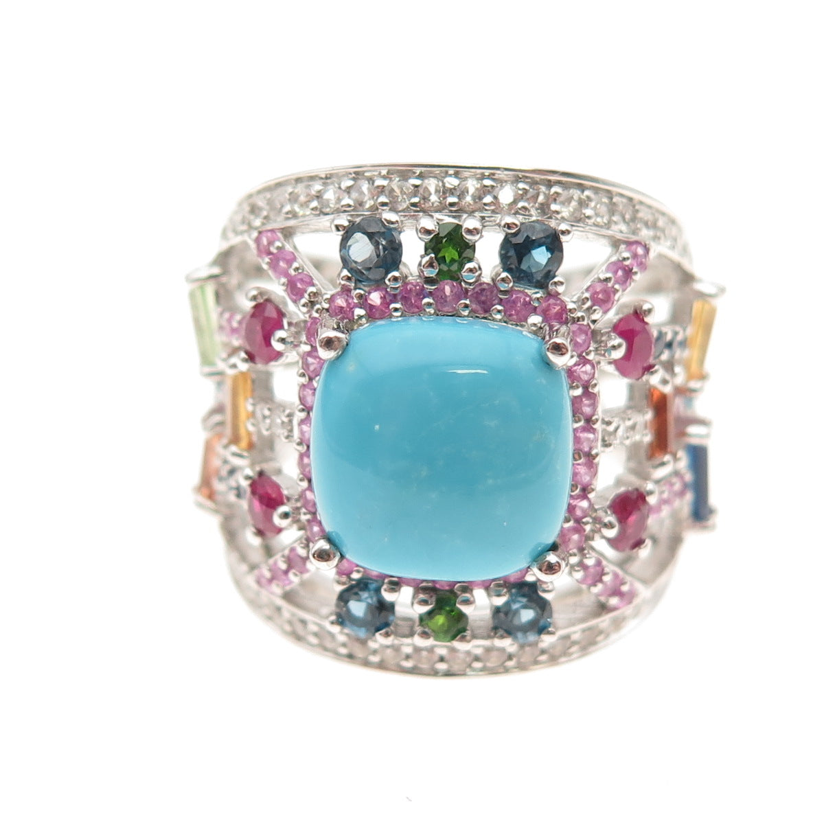 Carol Brodie Sterling Silver Real Turquoise Multi-Color Sapphire Ring Size 7.25