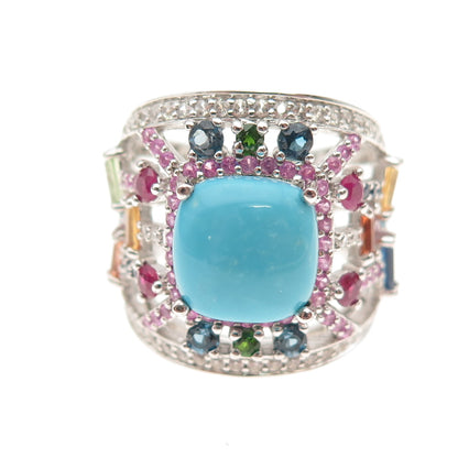 Carol Brodie Sterling Silver Real Turquoise Multi-Color Sapphire Ring Size 7.25