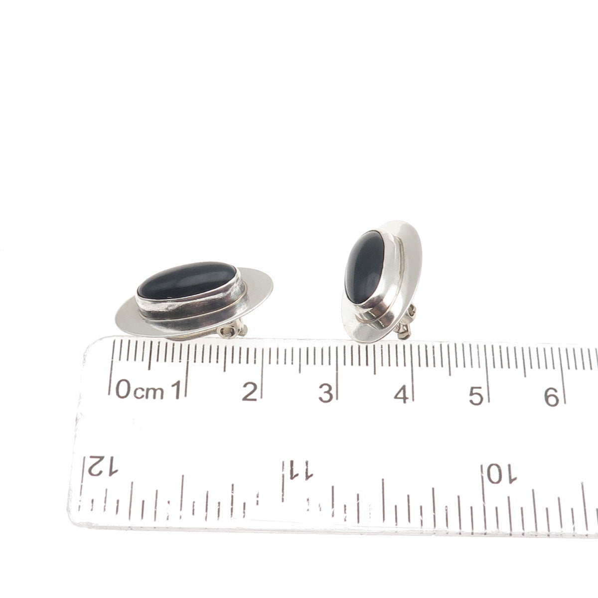 INCA 925 Sterling Silver Vintage Real Black Onyx Modernist Clip On Earrings