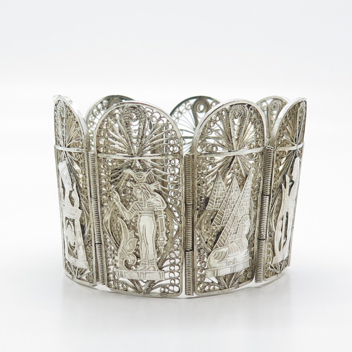 925 Sterling Silver Vintage Egyptian Storyteller Heavy Panel Link Bracelet 6.75"