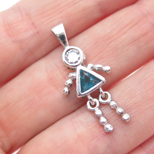 925 Sterling Silver Blue C Z September Birthstone Girl Articulated Charm Pendant