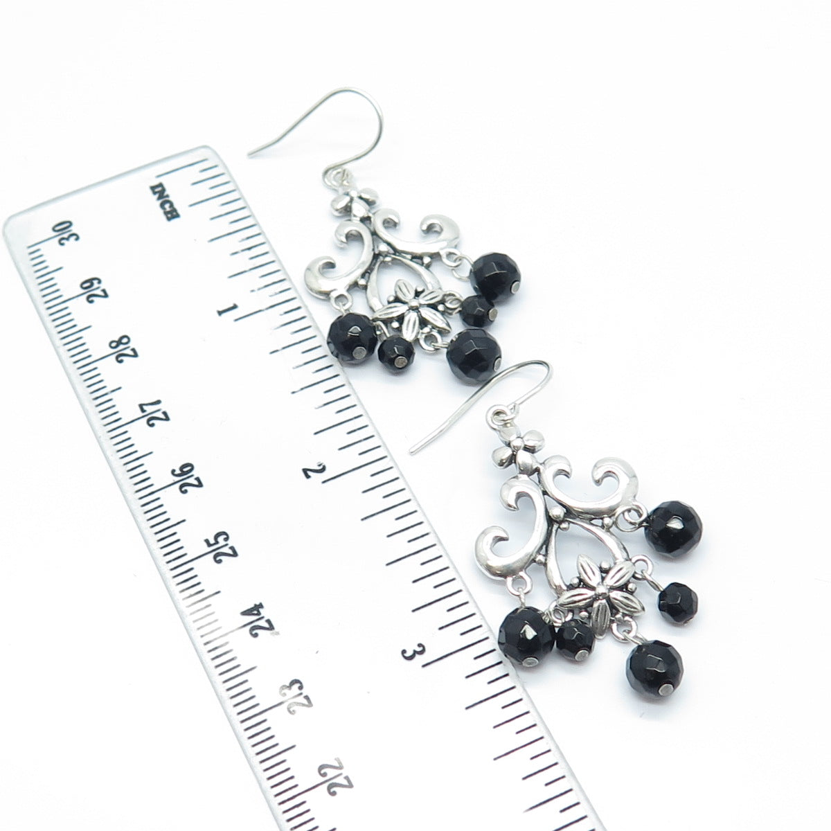 925 Sterling Silver Vintage Real Black Onyx Gemstone Ornate Dangling Earrings