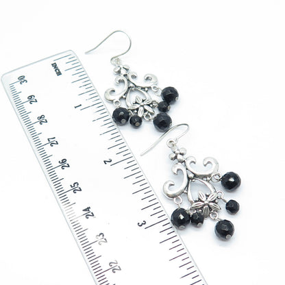 925 Sterling Silver Vintage Real Black Onyx Gemstone Ornate Dangling Earrings