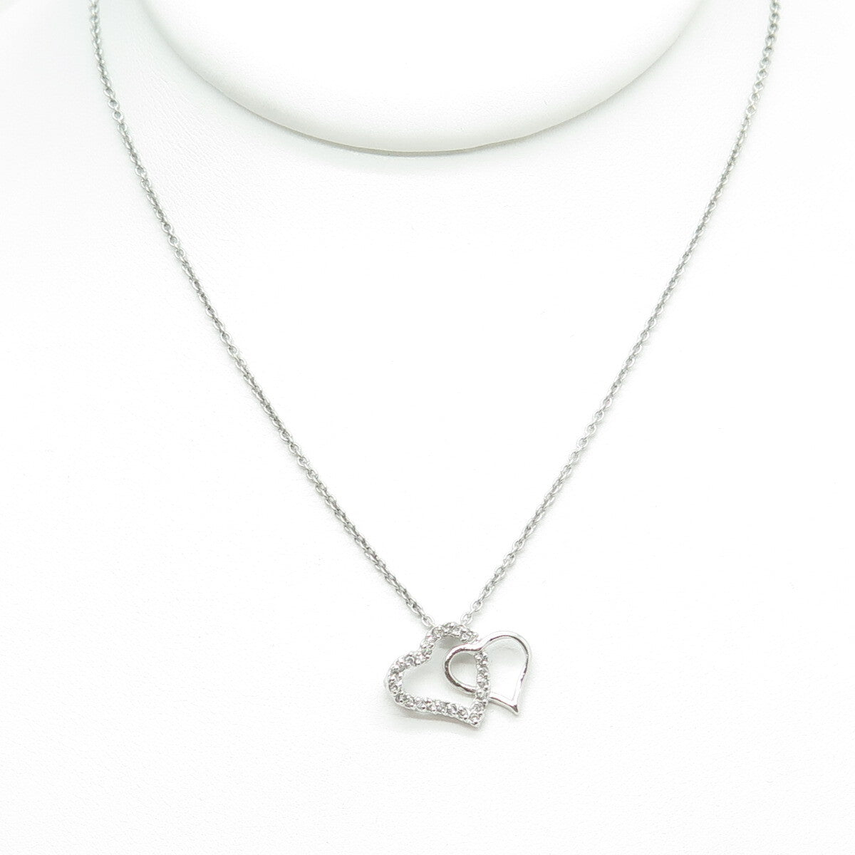 925 Sterling Silver Italy Round-Cut C Z Double Heart Cable Chain Necklace 16"