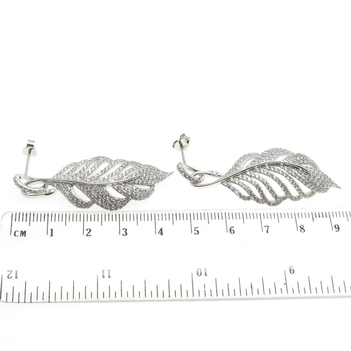 925 Sterling Silver Round-Cut C Z Feather Dangling Earrings
