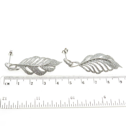 925 Sterling Silver Round-Cut C Z Feather Dangling Earrings