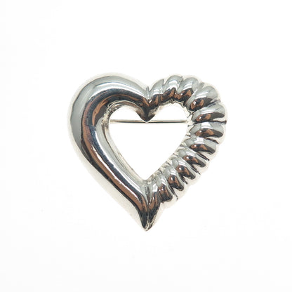 925 Sterling Silver Vintage Ribbed Heart Pin Brooch