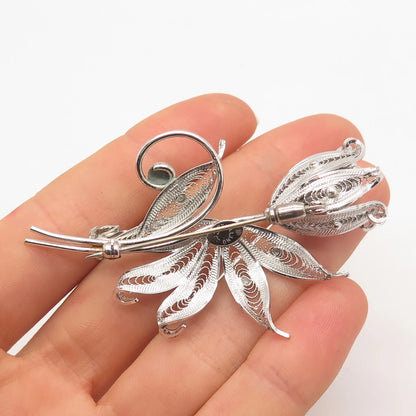 925 Sterling Silver CFG Vintage Filigree Tulip Floral Pin Brooch