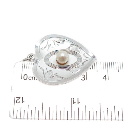 THEDA 925 Sterling Silver Vintage Real Pearl Engraved Heart Charm Pendant