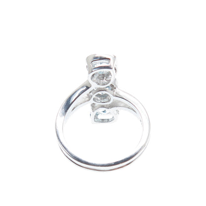 925 Sterling Silver Real Round & Heart-Cut Blue Topaz Bypass Ring Size 6