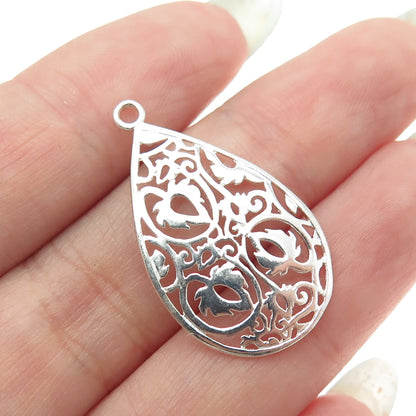 925 Sterling Silver Vintage Swirl Floral Leaf Teardrop Charm Pendant