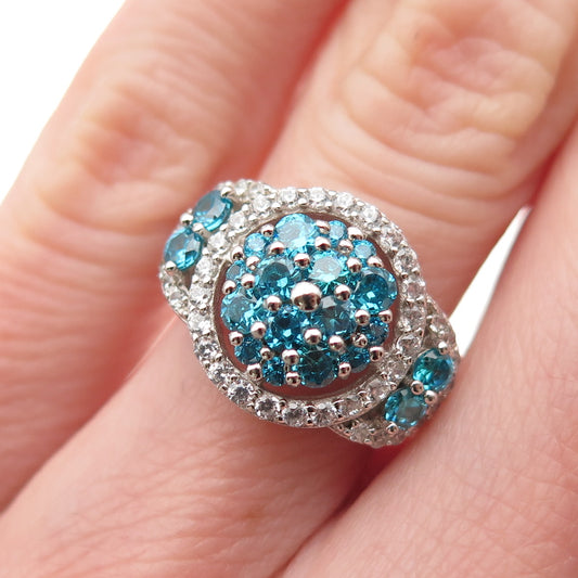 925 Sterling Silver Round-Cut Blue & White C Z Ring Size 5
