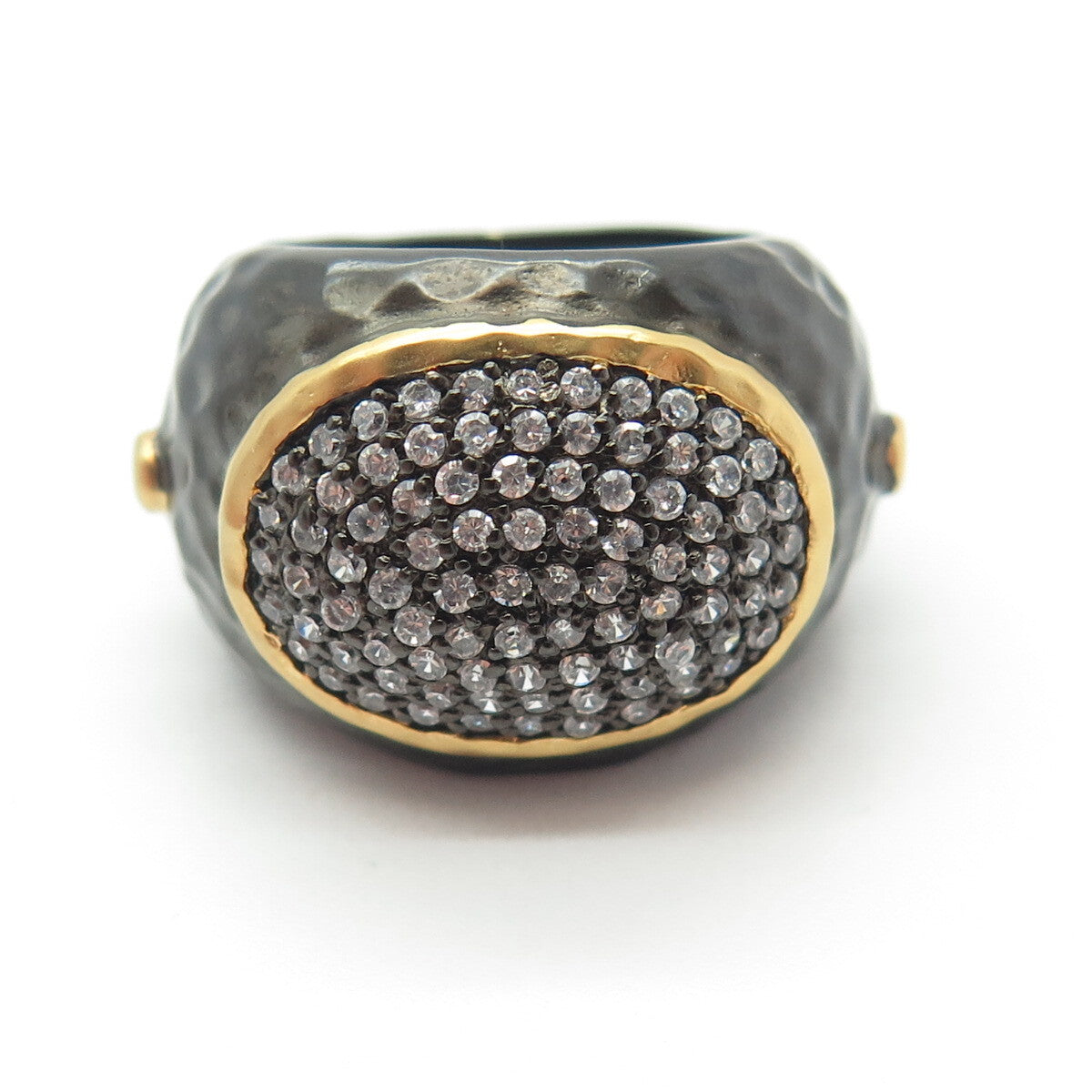 925 Sterling Silver Black Rhodium 2-Tone Pave C Z Hammered Finish Ring Size 7