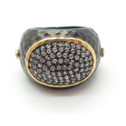 925 Sterling Silver Black Rhodium 2-Tone Pave C Z Hammered Finish Ring Size 7