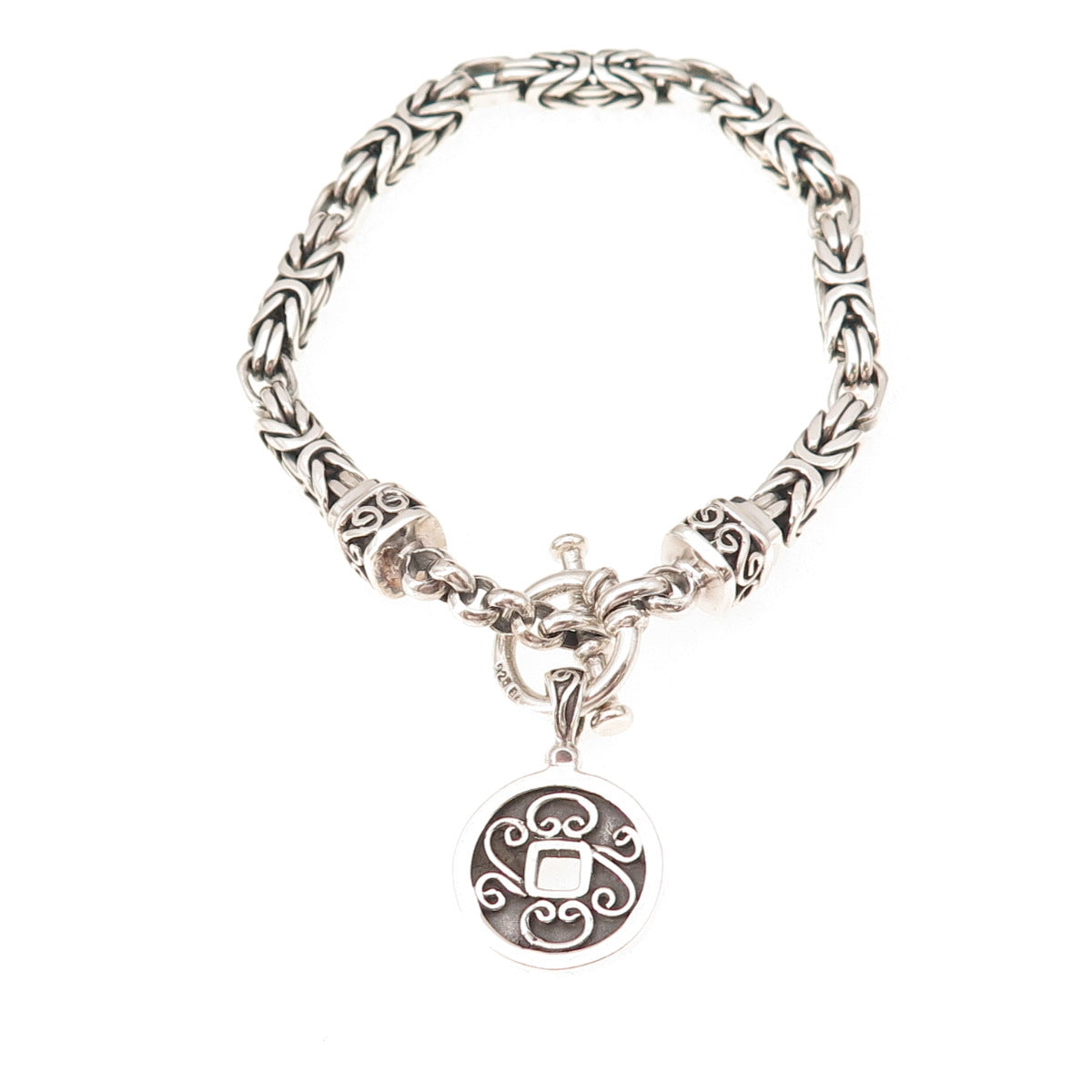 Suarti Bali 925 Sterling Silver Vintage Floral Coin Byzantine Link Bracelet 7"