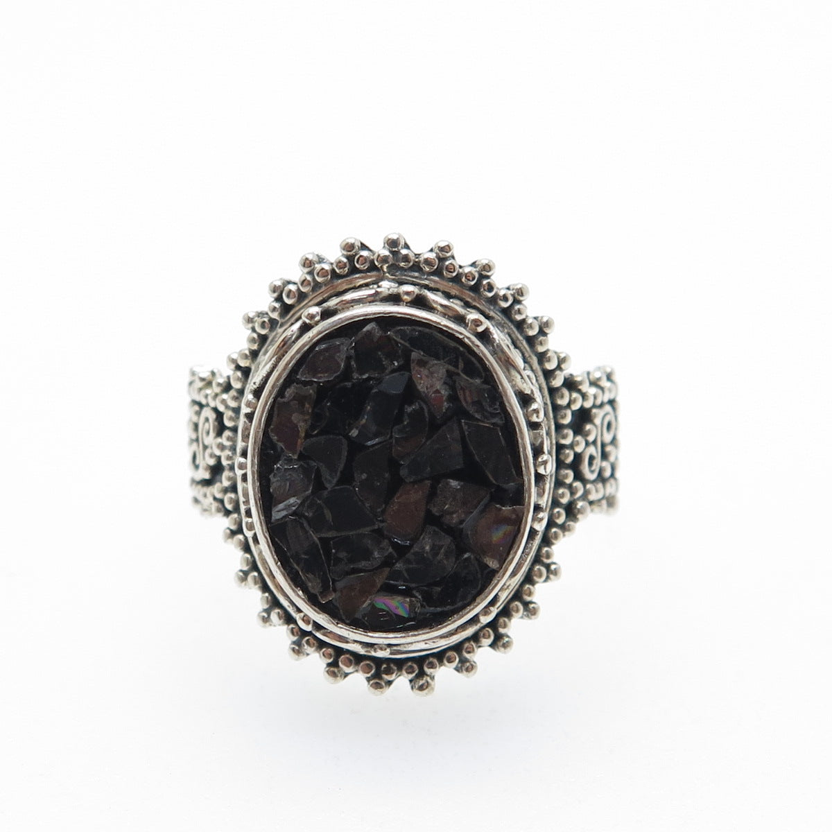 SAMUEL BENHAM Sterling Silver Vintage Real Diamond Inlay Granulated Ring Size 6