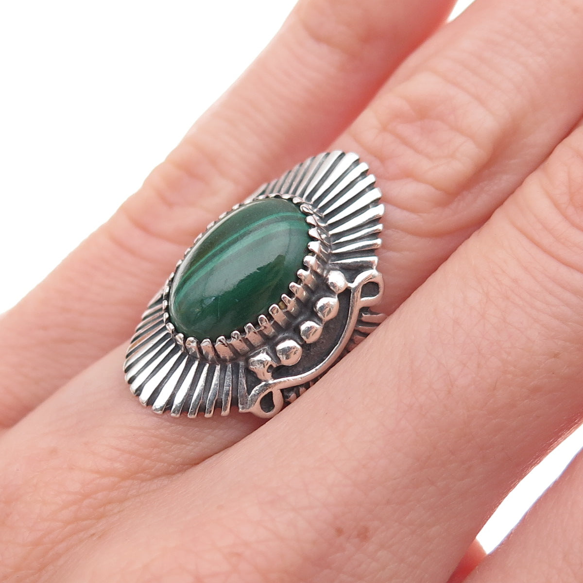 Angeline Miller Navajo Old Pawn Sterling Silver Vintage Malachite Ring Size 5.75