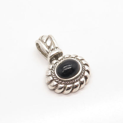 925 Sterling Silver Vintage Real Black Onyx Gem Twisted Oval Pendant