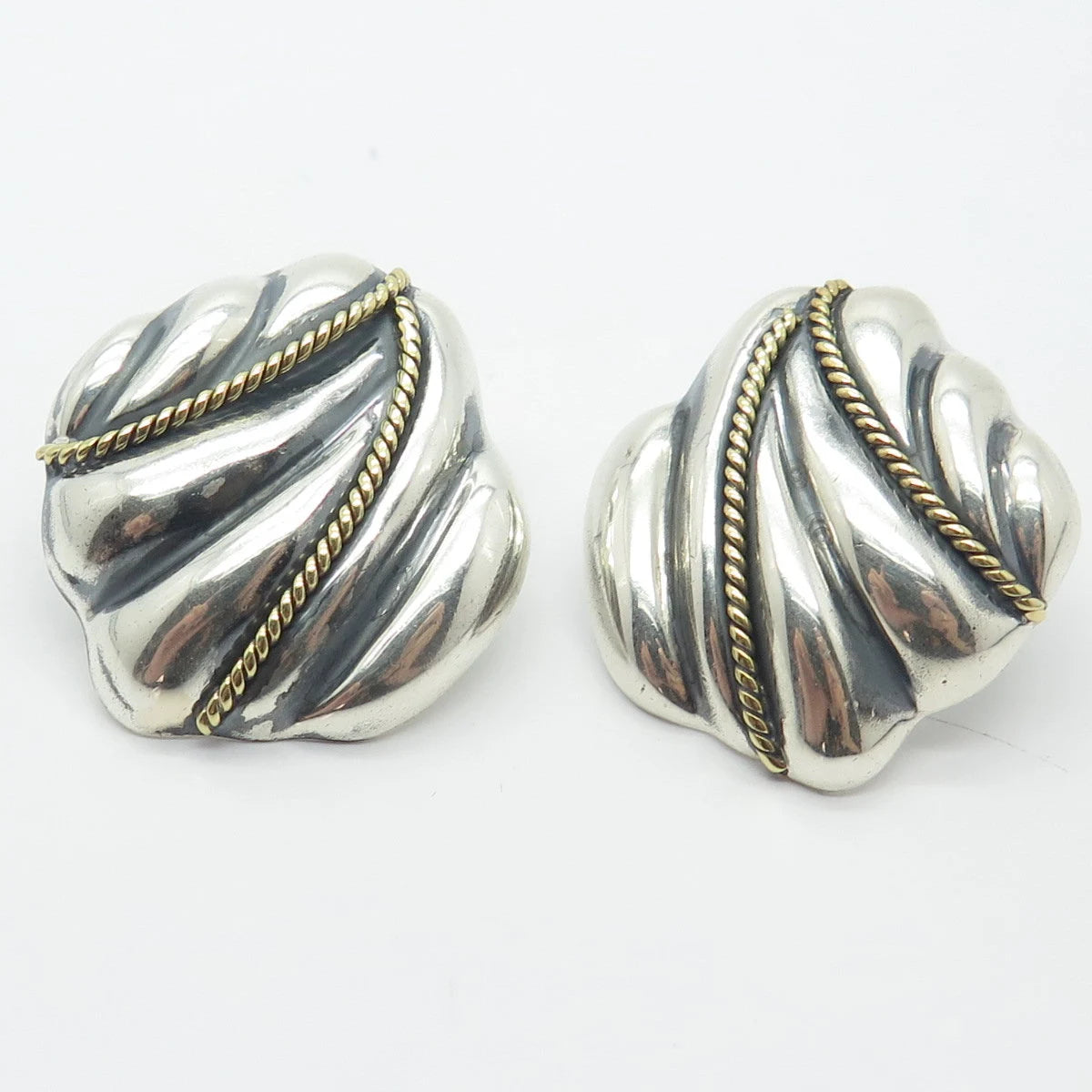 925 Sterling Silver 2-Tone Vintage Mexico Laton Ribbed Earrings