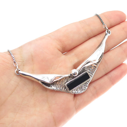 925 Sterling Silver Vintage Real Black Onyx Modernist Box Chain Necklace 18"
