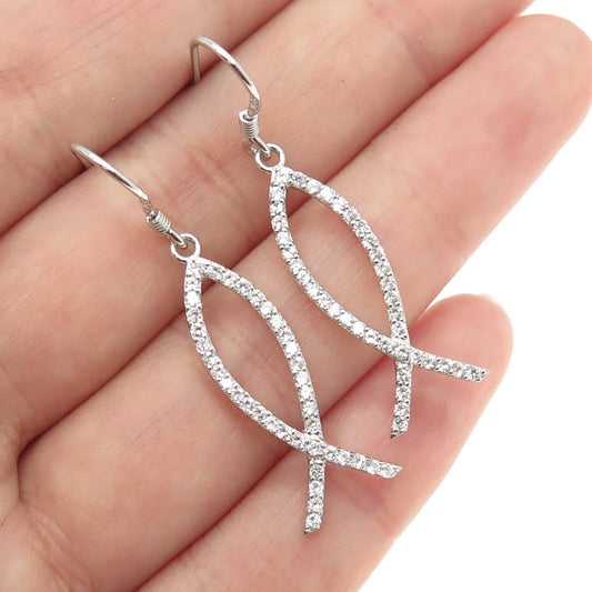 925 Sterling Silver Round-Cut Shaped C Z Ichthys Fish Dangling Hook Earrings