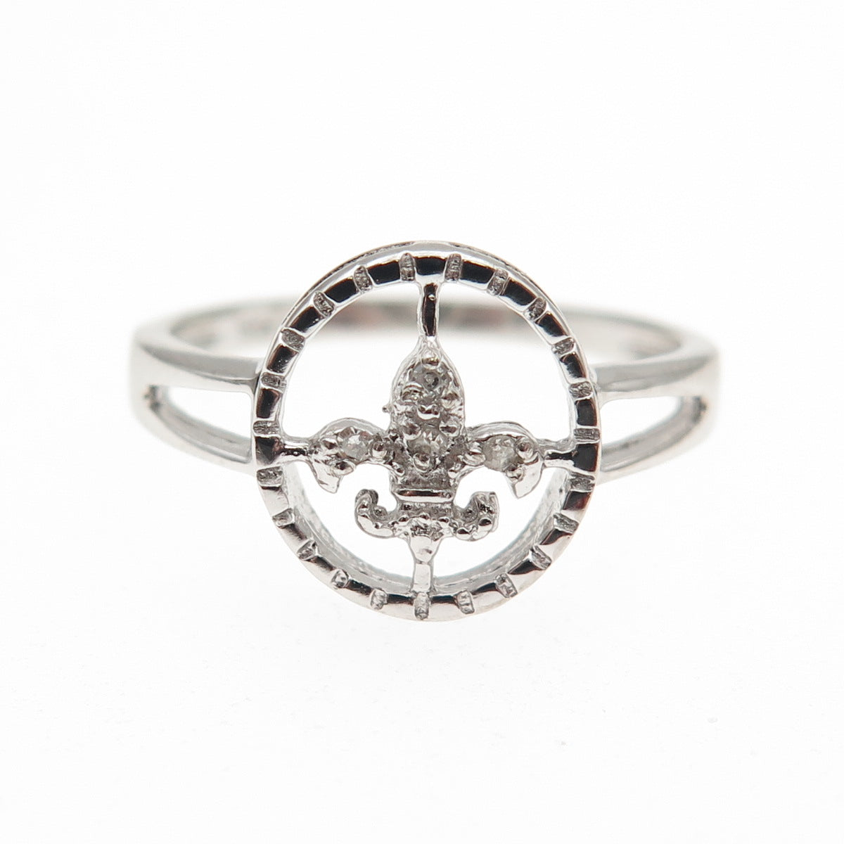 925 Sterling Silver Real Round-Cut Diamond Fleur de Lis Ring Size 7