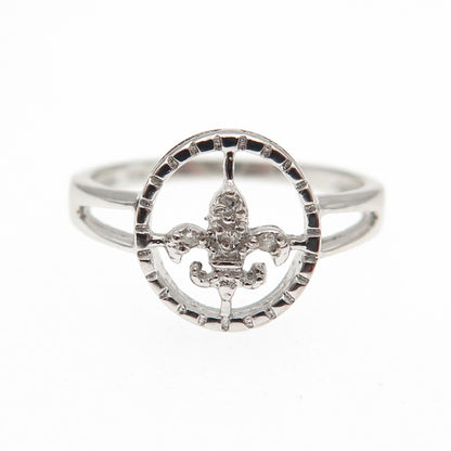 925 Sterling Silver Real Round-Cut Diamond Fleur de Lis Ring Size 7