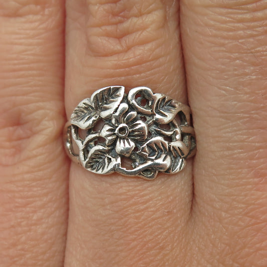 925 Sterling Silver Vintage Flower Blossom Oxidized Ring Size 6.75