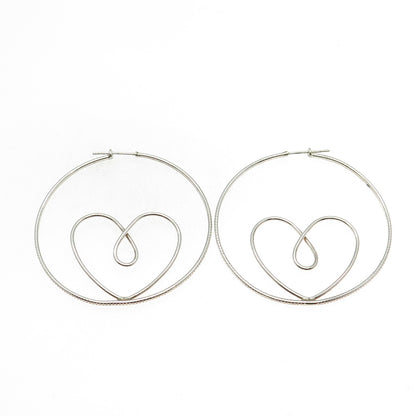 925 Sterling Silver Vintage Open Heart Hinged Hoop Earrings