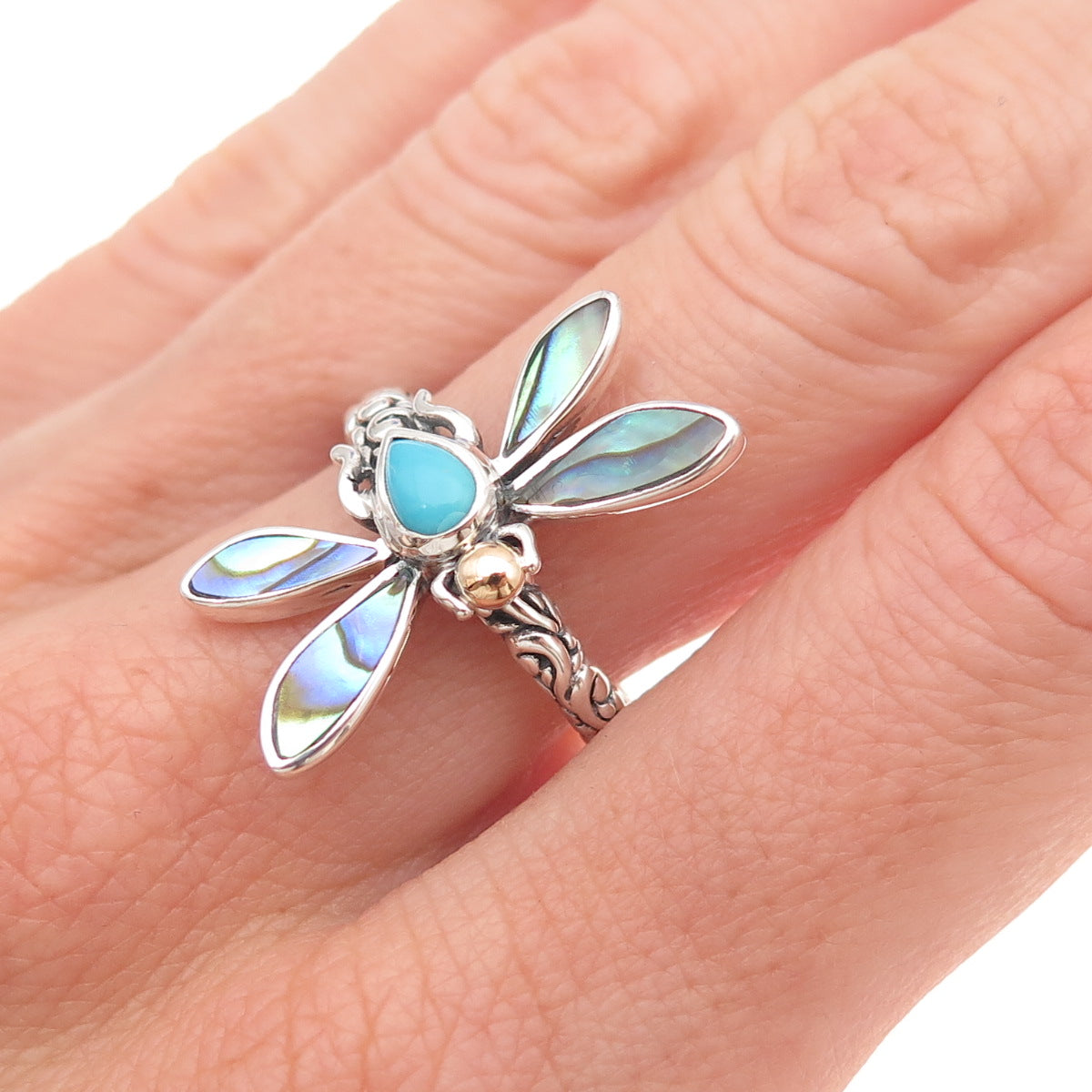 Samuel Benham Sterling 18K Gold Turquoise & Abalone Shell Dragonfly Ring Size 8