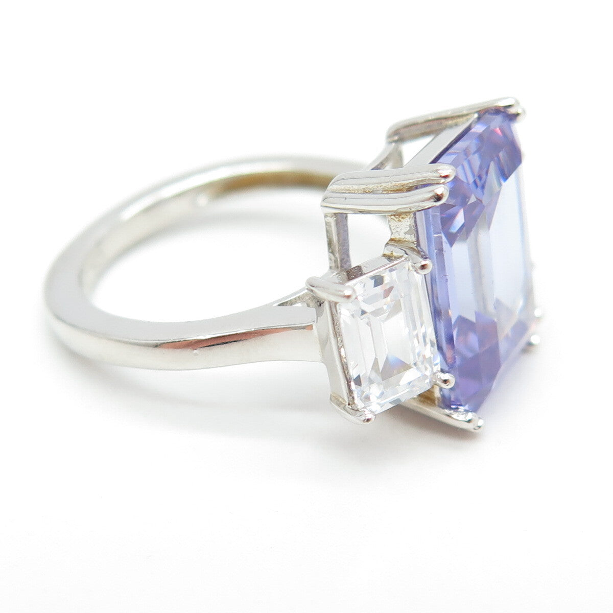 925 Sterling Silver Emerald-Cut Purple & White C Z Ring Size 7.25