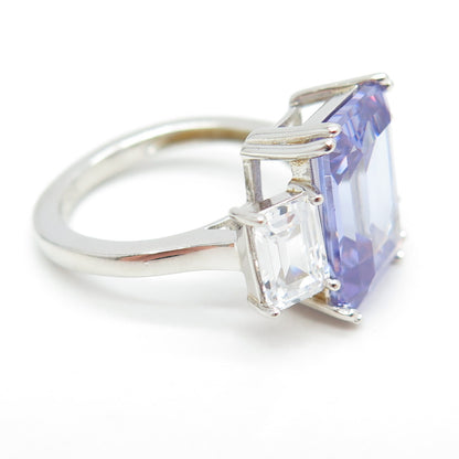 925 Sterling Silver Emerald-Cut Purple & White C Z Ring Size 7.25