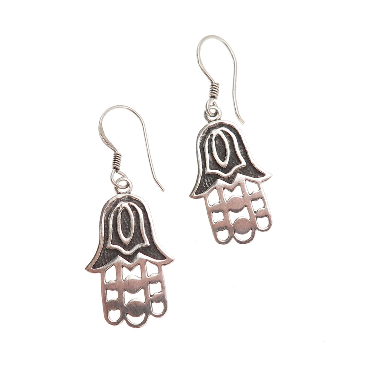 925 Sterling Silver Vintage Tulip Floral Hamsa Amulet Oxidized Dangle Earrings