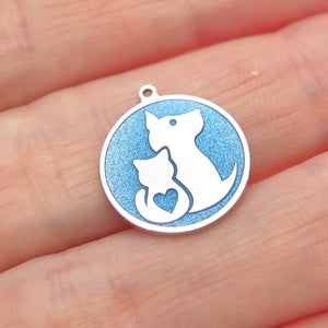 925 Sterling Silver Blue Enamel Cat & Dog Friendship Minimalist Charm Pendant