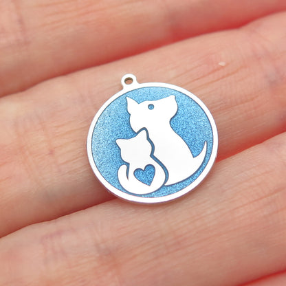 925 Sterling Silver Blue Enamel Cat & Dog Friendship Minimalist Charm Pendant