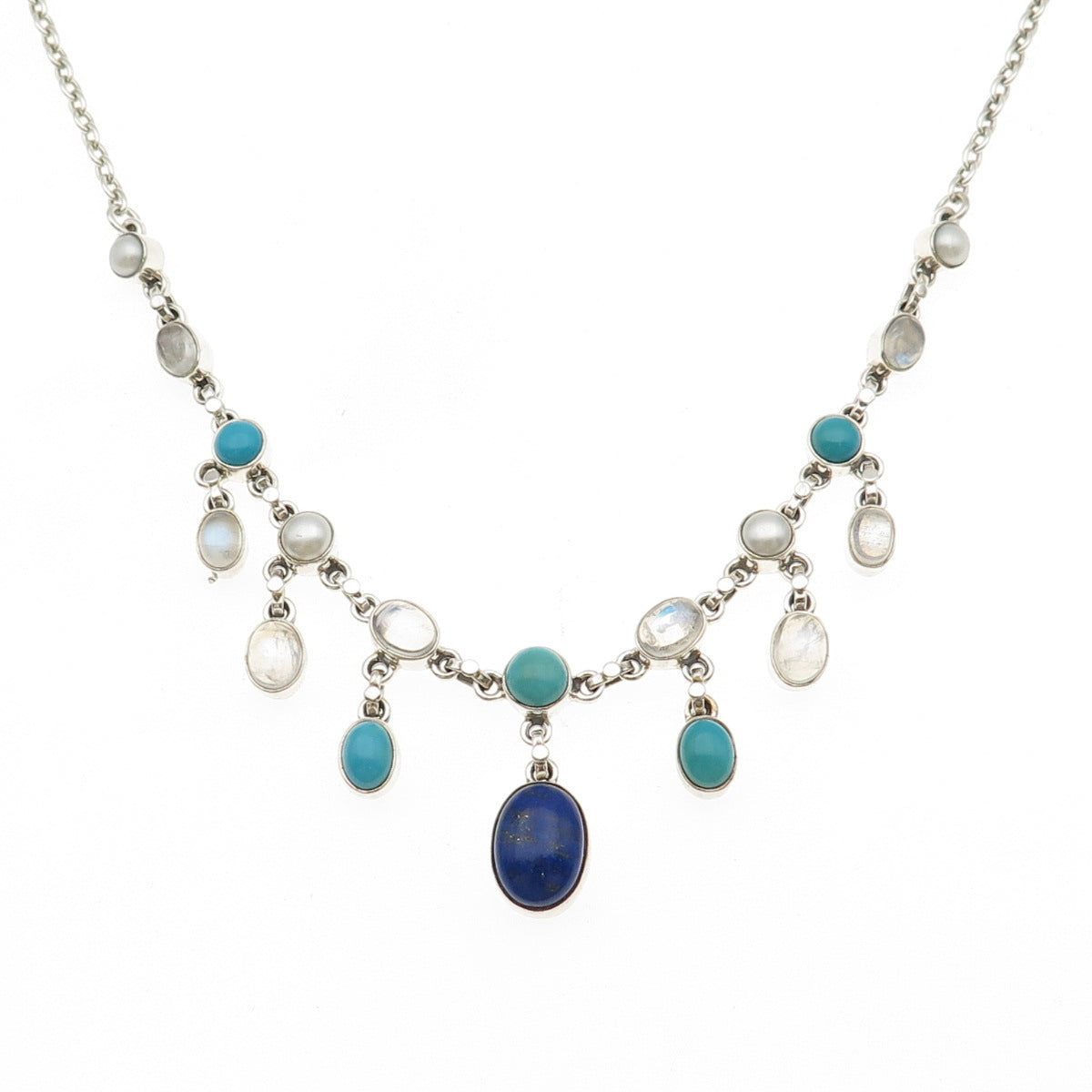 Nicky Butler Sterling Vintage Turquoise Pearl Lapis & Moonstone Necklace 18-20"