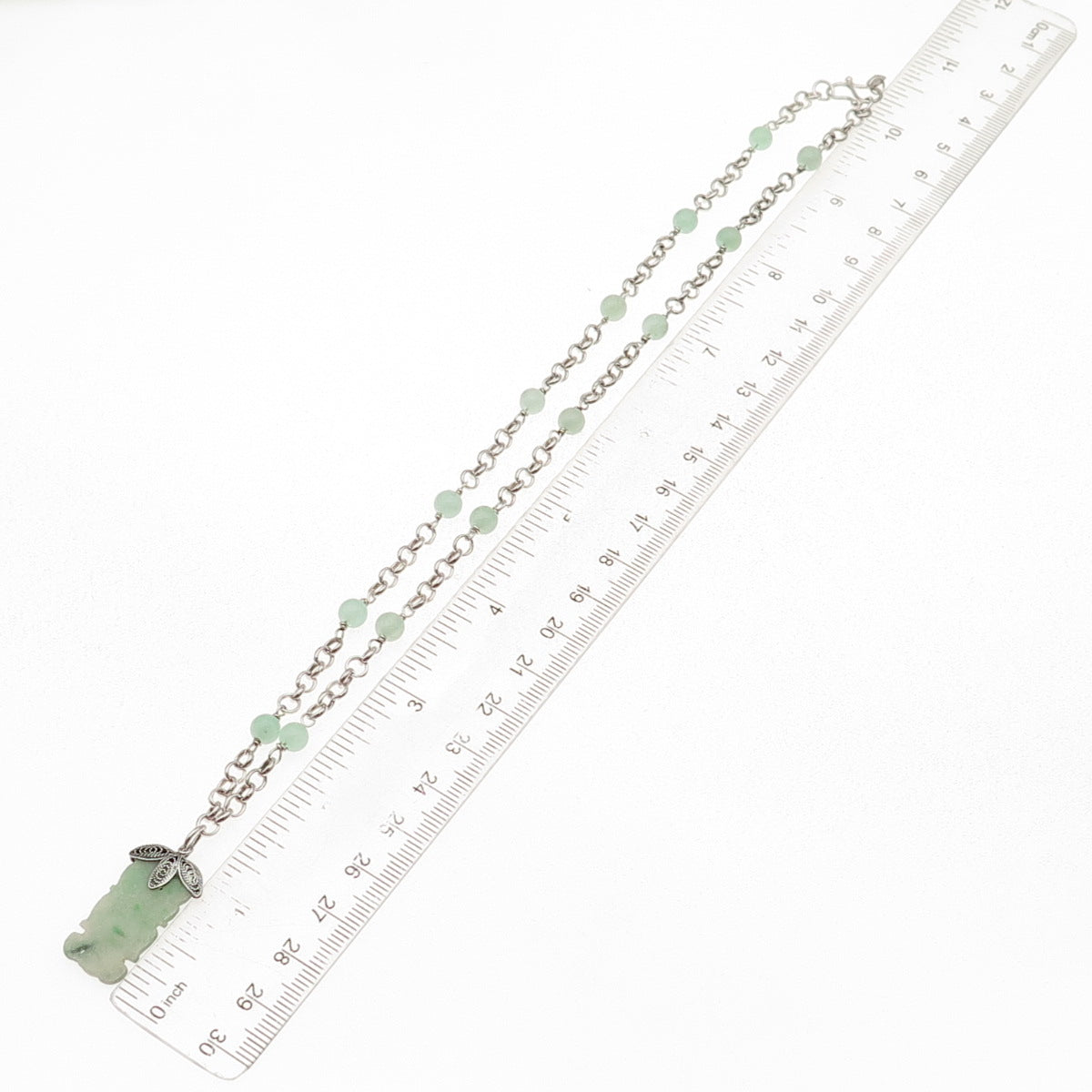 925 Sterling Silver Vintage Real Jade Floral Chain Necklace 18"