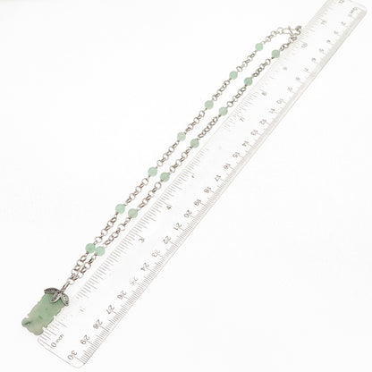 925 Sterling Silver Vintage Real Jade Floral Chain Necklace 18"