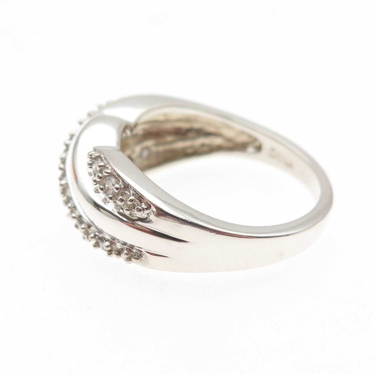 HENG NGAI 925 Sterling Silver Real Round-Cut Diamond Twisted Ring Size 8