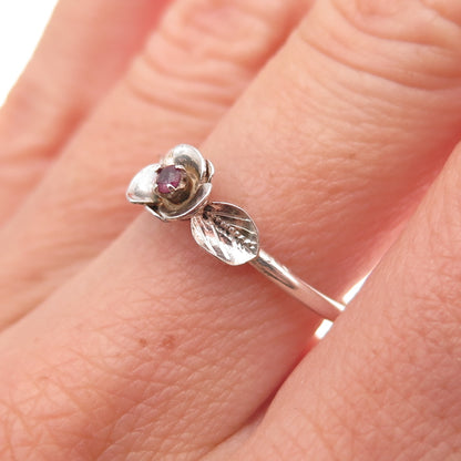 925 Sterling Silver Vintage Real Ruby Rose Flower Oxidized Ring Size 7.75