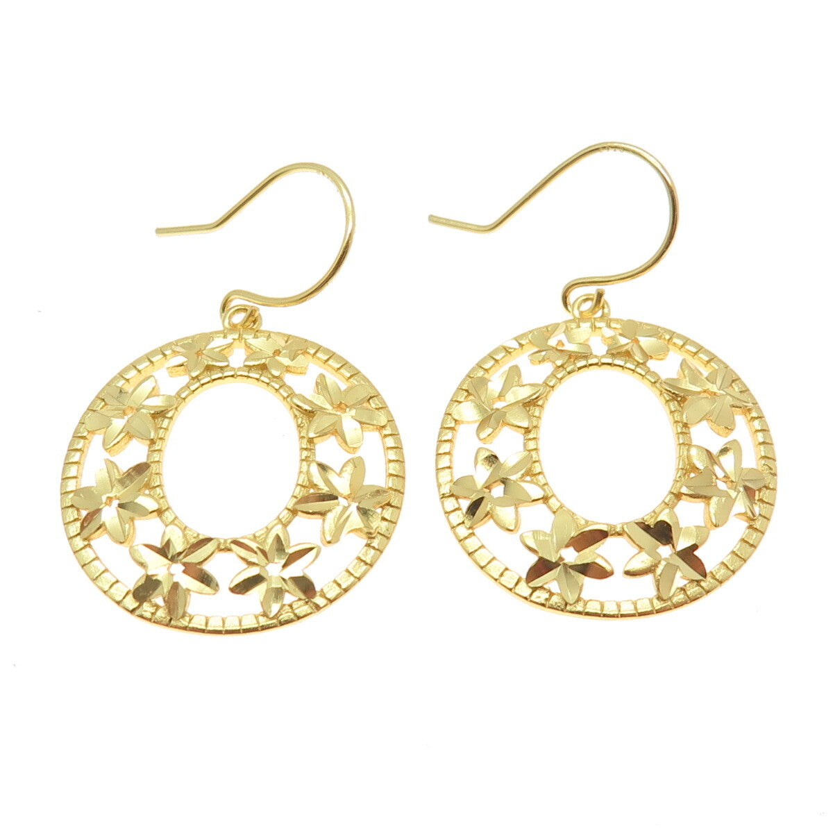 925 Sterling Silver Gold Plated Diamond-Cut Flower Dangle Earrings