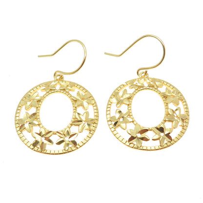 925 Sterling Silver Gold Plated Diamond-Cut Flower Dangle Earrings